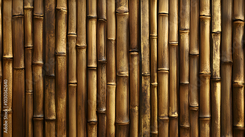 A close-up of yellow bamboo poles arranged vertically with a weathered texture, some showing signs of wear and fading. The neutral background enhances the vibrant yellow, creating a natural, rustic ae