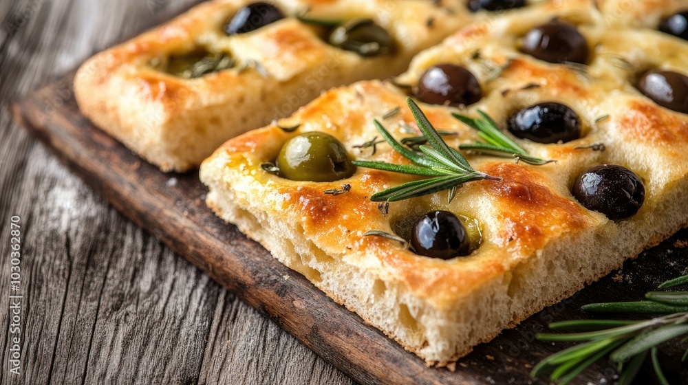 Obraz premium Close Up of Enticing Focaccia with Olives and Rosemary