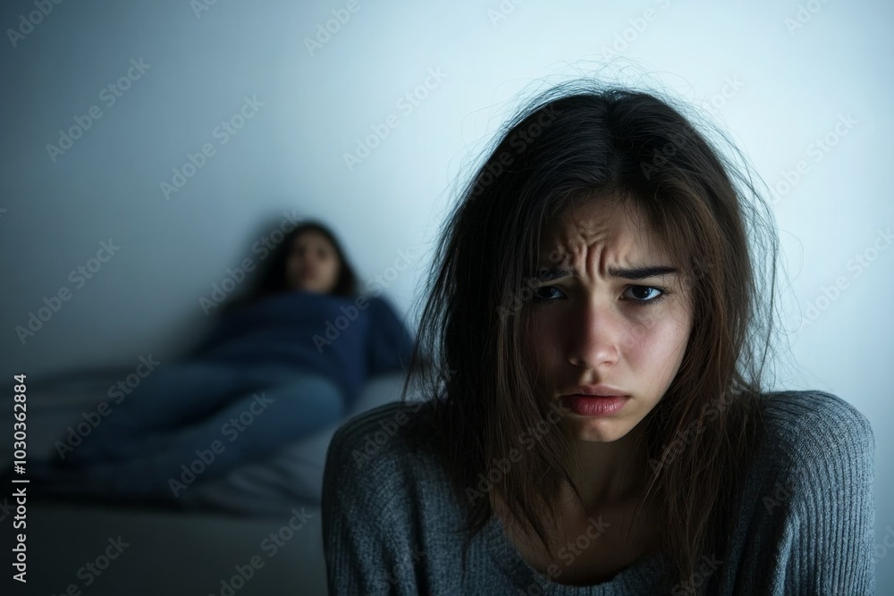 Portrait of a Young Woman with a Worried Expression Portrait of a Young Woman with a Worried Expression