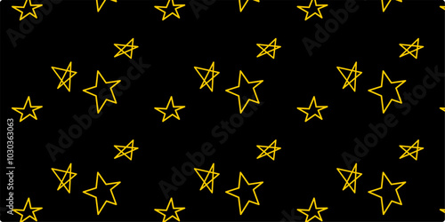 Simple Hand drawn star with yellow color and seamless pattern with various size type and variant that isolated in black background. For wallpaper use. 
