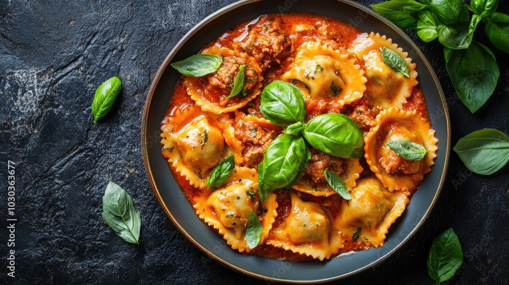 Delicious Ravioli with Fresh Basil on a Dark Surface Delicious Ravioli with Fresh Basil on a Dark Surface