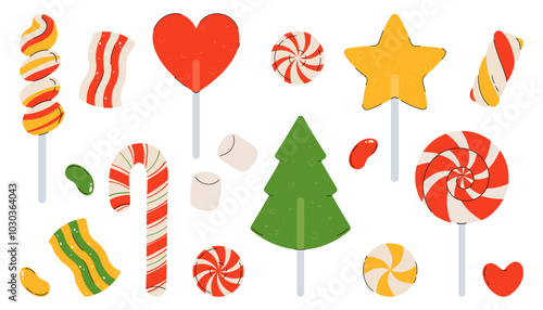 Christmas candy stickers. Vector cute set of Christmas  lollipops, candy, sweets, candy cane, marshmallow. Assorted striped and swirl caramel. Vector flat illustration isolated on white