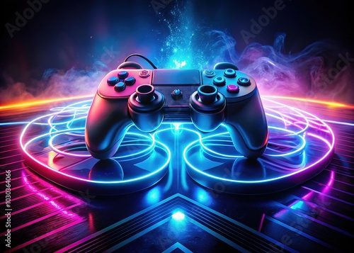 Glowing neon lines and futuristic codes swirl around a sleek, high-tech gaming console, surrounded by illuminated buttons and joysticks, against a dark, misty background.