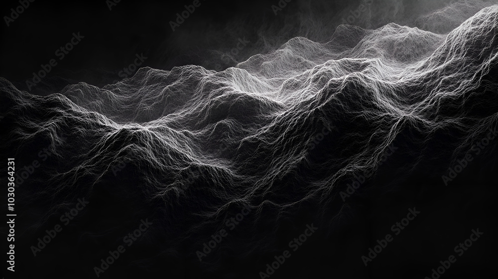 Fototapeta premium Abstract black and white flowing lines resembling a wavy topographic landscape, creating a modern and dynamic texture. Perfect for backgrounds, artistic compositions, and creative design projects