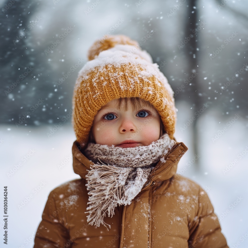 Child in Winter Coat with Scarf in Snowy Landscape Child in Winter Coat with Scarf in Snowy Landscape
