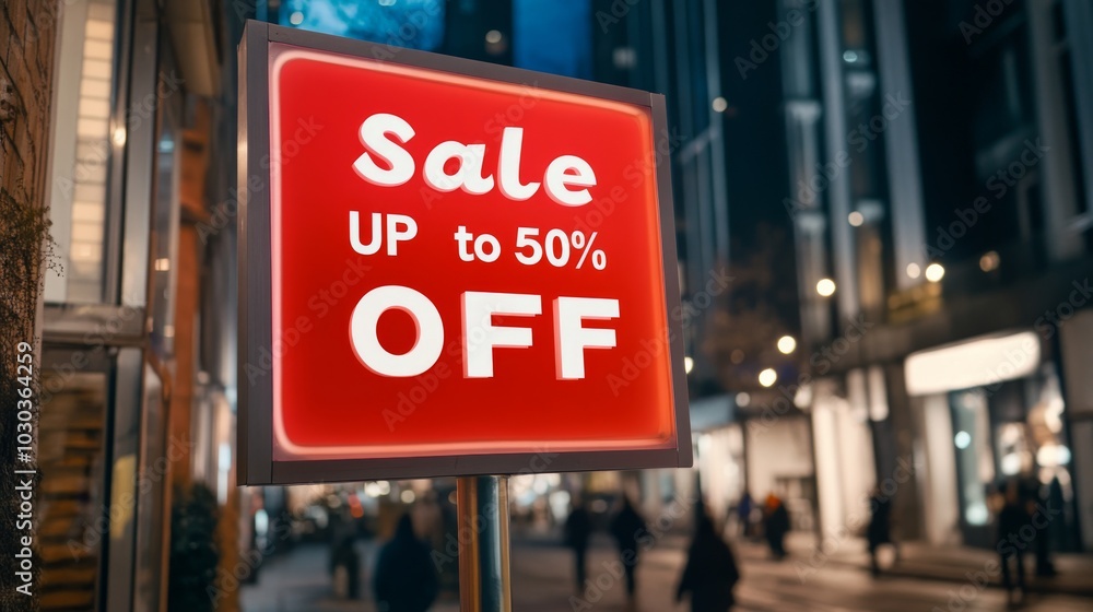 Bright sale sign promoting discounts in a city environment at night. Bright sale sign promoting discounts in a city environment at night.
