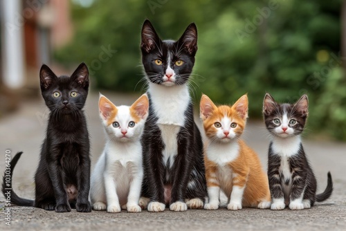 Five kittens standing together on a path their colorful fur patterns creating a vibrant playful scene that captures the energy and curiosity of young pets outdoors