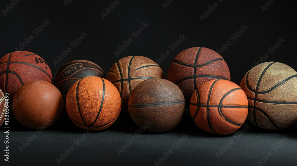 A collection of basketballs arranged on a black surface, with different sizes and textures, creating an interesting visual contrast against the dark backdrop. A collection of basketballs arranged on a black surface, with different sizes and textures, creating an interesting visual contrast against the dark backdrop.
