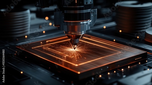 High-precision laser engraving on circuit board with sparks and technology innovation photo