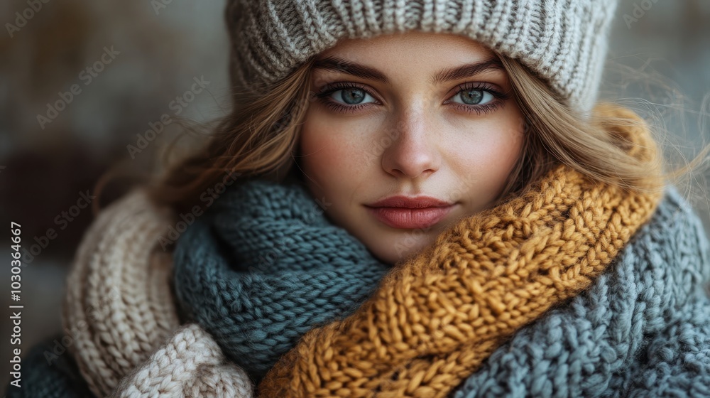 Cozy winter portrait of a woman in warm knitted scarves and beanie Cozy winter portrait of a woman in warm knitted scarves and beanie