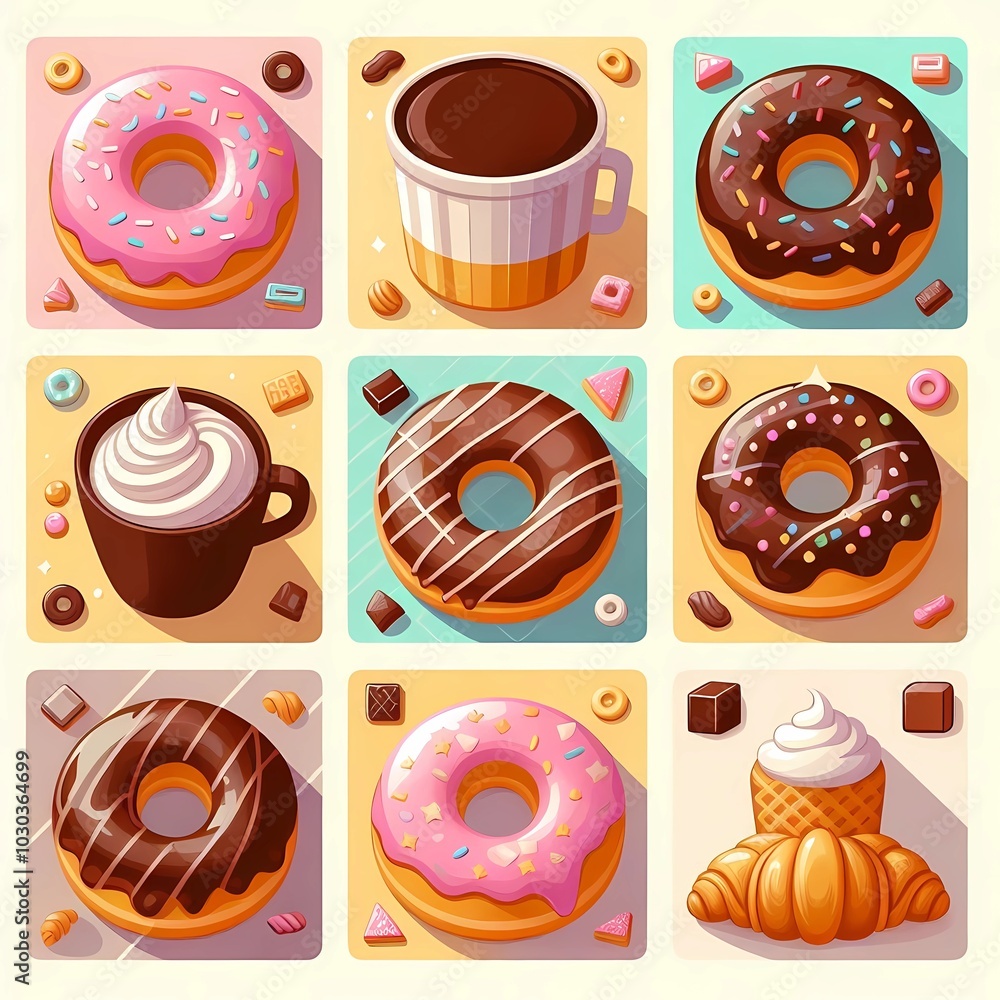 a drawing of a variety of donuts with different colors and shapes.
a drawing of a variety of donuts with different colors and shapes.