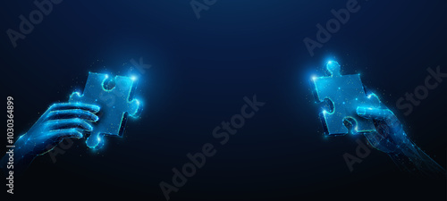 Abstract illustration of two hands holding puzzle pieces approaching in low poly style. Blue geometric background depicting synergy partnership and business teamwork concept by wireframe mesh