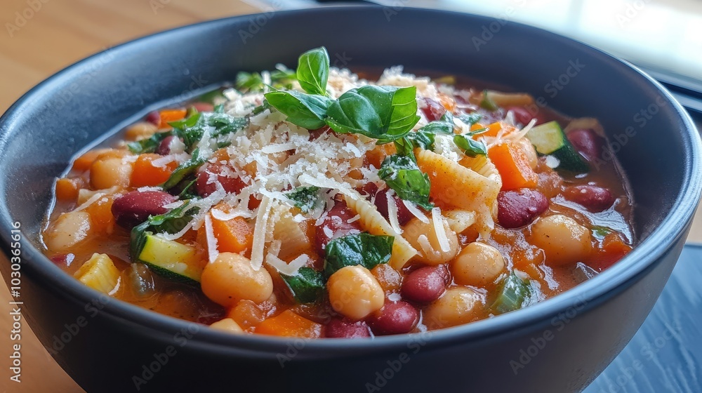 Colorful Vegetable Soup in a Black Bowl Colorful Vegetable Soup in a Black Bowl