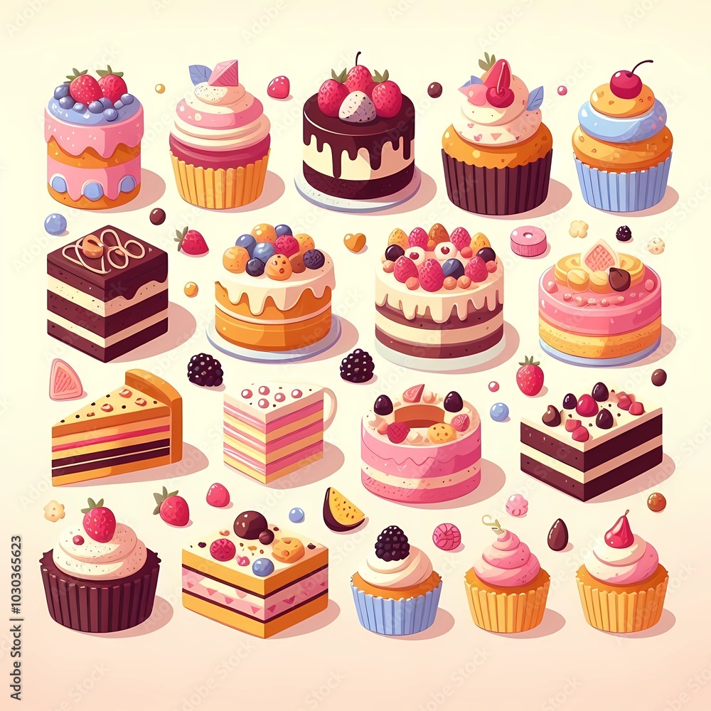a cartoon illustration of a cake with a lot of different cakes. a cartoon illustration of a cake with a lot of different cakes.
