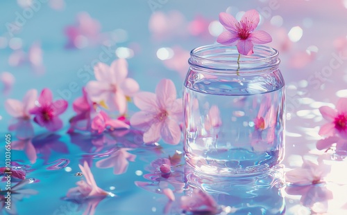 Sunset with delicate pink blossoms and soft reflections in a glass jar