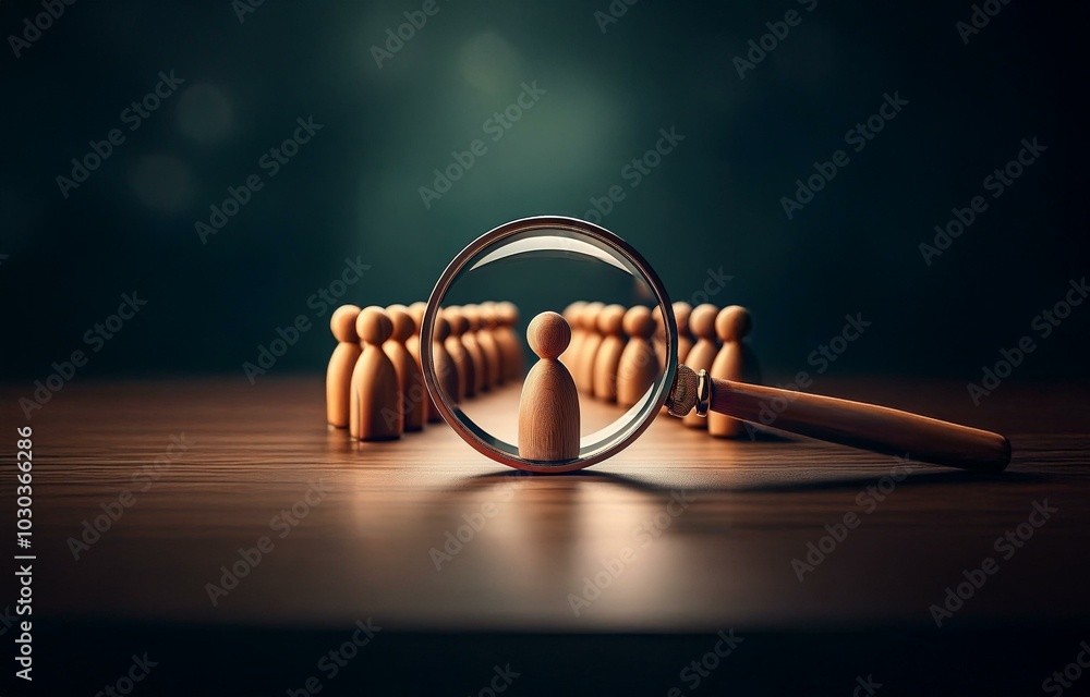 A magnifying glass focuses on one wooden figurine out of a row of others, set against a dark, blurred background. A magnifying glass focuses on one wooden figurine out of a row of others, set against a dark, blurred background.