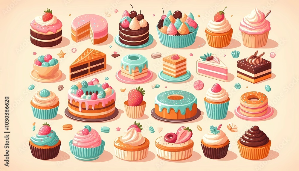 a cartoon illustration of a cake with a lot of different cakes. a cartoon illustration of a cake with a lot of different cakes.