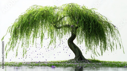 A whimsical weeping willow with flowing green leaves and scattered purple flowers sways gently on a white background.