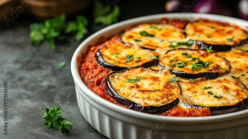 Delicious Eggplant Parmesan in White Ceramic Dish