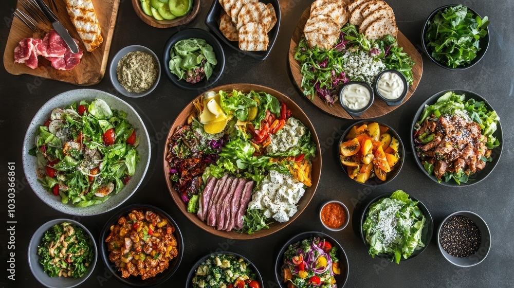 Fresh and Colorful Variety of Salads and Dishes Fresh and Colorful Variety of Salads and Dishes
