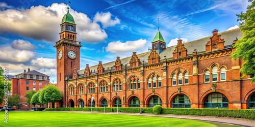 Historic stadium exterior with iconic red brick façade, arches, and imposing clock tower, set amidst lush green surroundings in a vibrant northwestern English city. photo