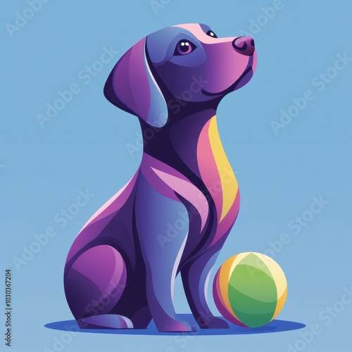 Colorful geometric dog illustration with ball on blue background photo