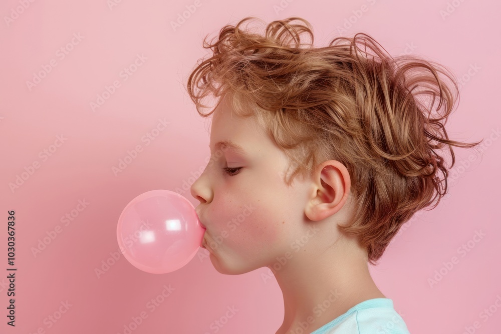 Kid blowing bubble gum balloon female person. Kid blowing bubble gum balloon female person.