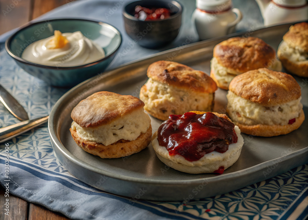 Close-up shot of a batch of golden-brown wheat scones on a tray, with a spoon of cream and jam nearby Close-up shot of a batch of golden-brown wheat scones on a tray, with a spoon of cream and jam nearby