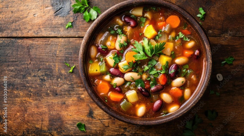 Vibrant Overhead View of a Minestrone Bowl Vibrant Overhead View of a Minestrone Bowl