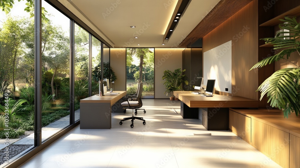 Fototapeta premium Beautifully designed modern office space with minimalist furniture and bright natural lighting