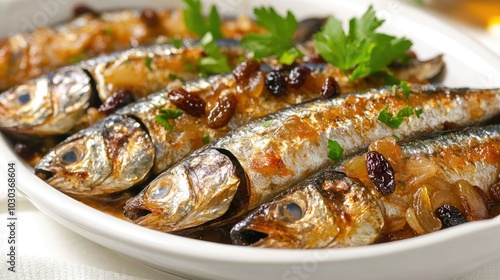 Traditional Sardines Served on White Ceramic Plate