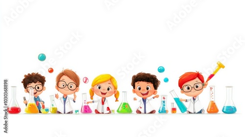 Cheerful cartoon kids enjoying a school science project on white background with room for card text