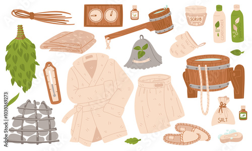 set of accessories for baths, saunas, spas. The items are wooden ladle, bucket of water for wellness, a massage broom made of green leaves, coals, hat, thermometer, bathrobe, washcloth, pumice stone