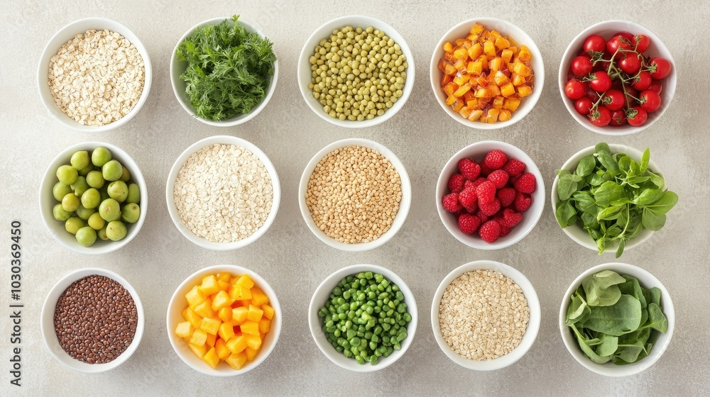 Fresh Ingredients in White Bowls on a Light Table Fresh Ingredients in White Bowls on a Light Table