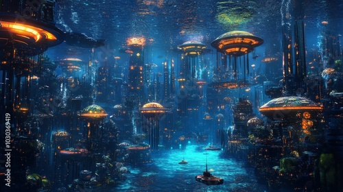 Detailed underwater city with glowing domes, exotic marine life, and submarines exploring the ocean floor. photo