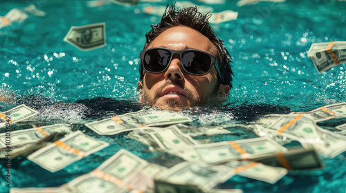 businessman swimming with money. wealth and success concept. To be rolling in money