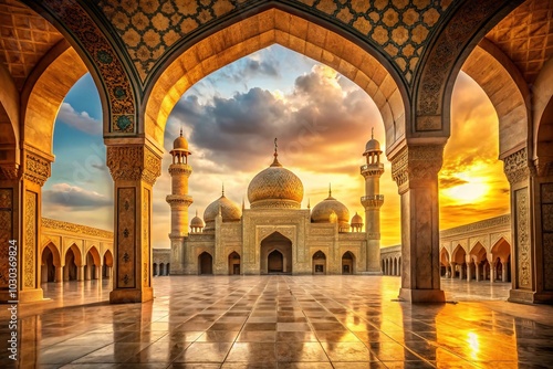 Intricately patterned arches and domes adorn the majestic mosque, its warm golden tones and subtle shadows evoking a sense of serene Islamic cultural heritage. photo