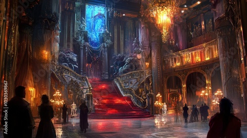 Elaborate fantasy palace with grand staircases, glowing chandeliers, and mythical creatures guarding the entrance