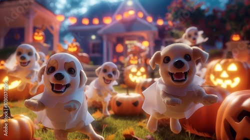 A group of cheerful puppies, each wearing a little ghost costume with cutout eyeholes, chasing each other around a yard filled with pumpkins and glowing jack-o'-lanterns.  photo