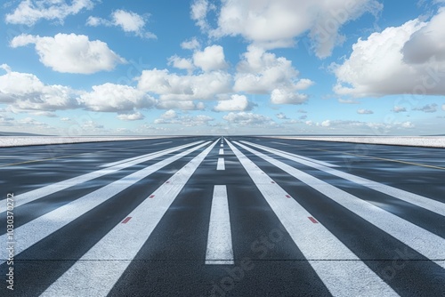 an airport runway with white stripes, wide angle, low camera position, daylight, blue sky with clouds,