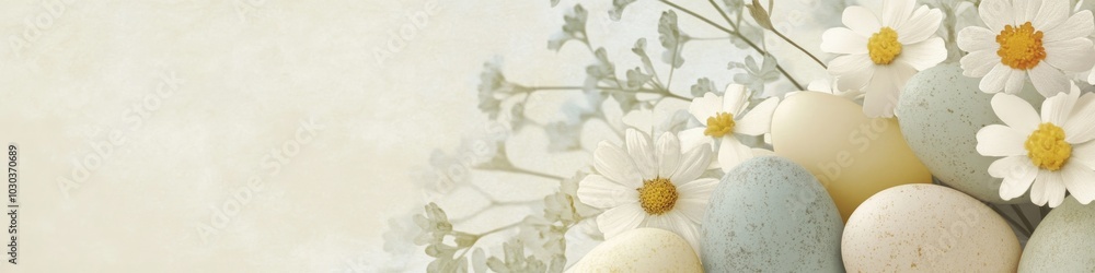 Easter illustration with painted eggs and bunnies. Spring Easter holiday. Eggs with Stunningly Detailed Floral Patterns. Easter banner Easter illustration with painted eggs and bunnies. Spring Easter holiday. Eggs with Stunningly Detailed Floral Patterns. Easter banner