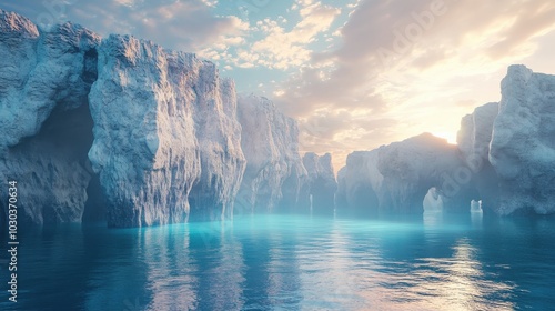 Futuristic 3D render of a cliffside landscape with tranquil water, set against a minimal abstract background and illuminated by sunrise light