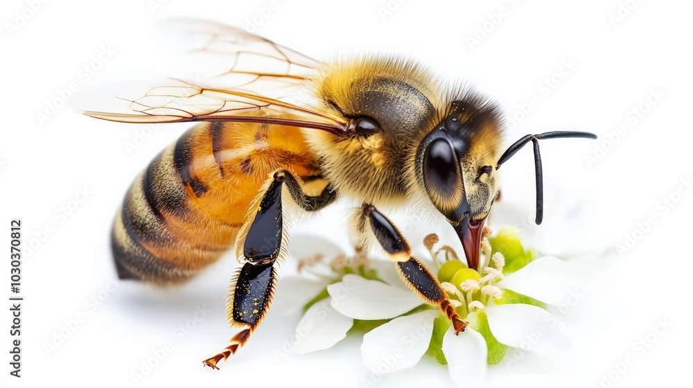 Realistic close-up of a honeybee collecting nectar from a flower, high detail and on white background Realistic close-up of a honeybee collecting nectar from a flower, high detail and on white background