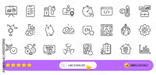 Seo script, Chemistry lab and Qr code line icons for web app. Pack of Presentation, Celsius thermometer, Chemical hazard pictogram icons. Diagram graph, Medicine, English signs. Stress. Vector