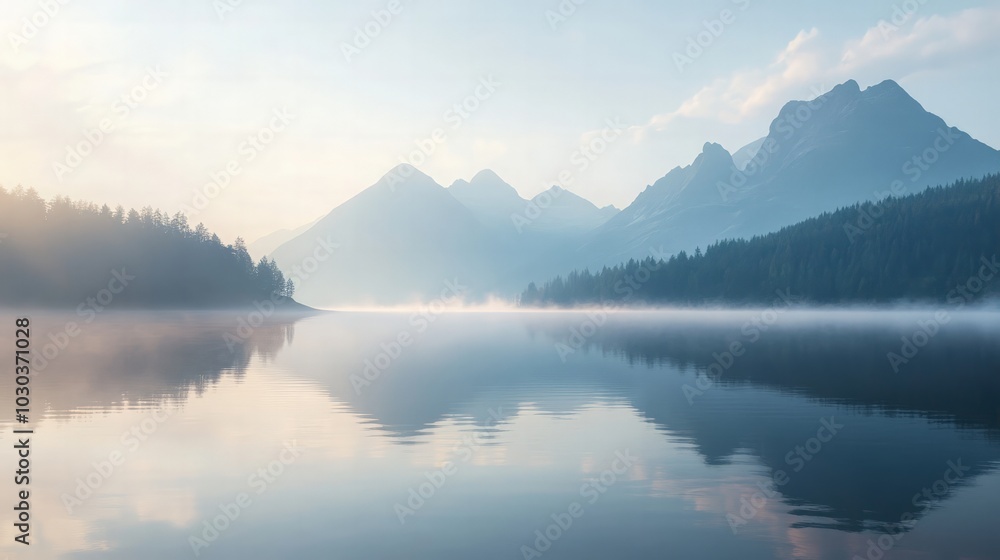 Serene lake with a mountain range in the background, soft morning light, and mist rising Serene lake with a mountain range in the background, soft morning light, and mist rising