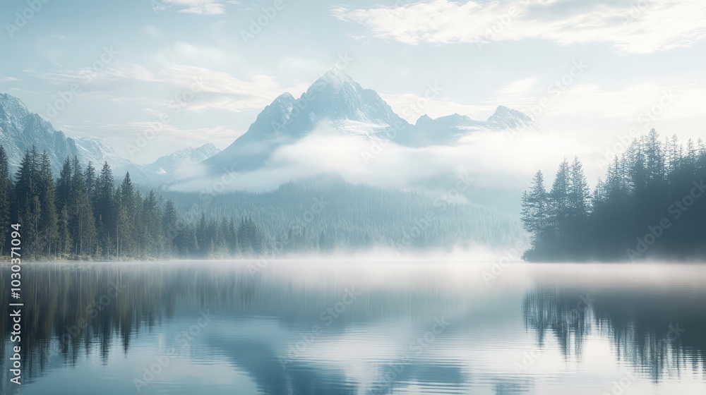 Serene lake with a mountain range in the background, soft morning light, and mist rising Serene lake with a mountain range in the background, soft morning light, and mist rising
