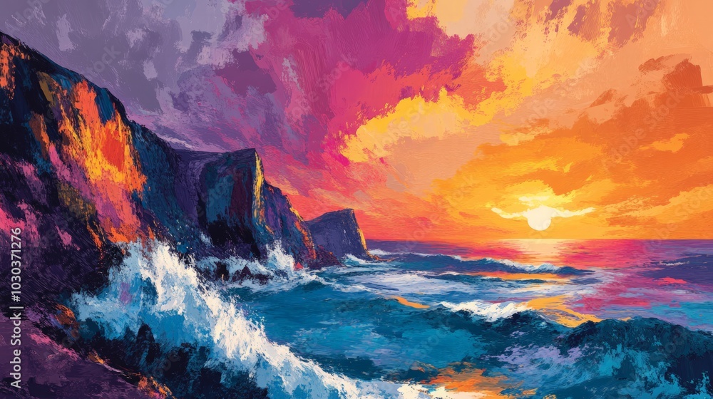 Stunning coastal cliffs with dramatic waves crashing below and vibrant sunset colors Stunning coastal cliffs with dramatic waves crashing below and vibrant sunset colors
