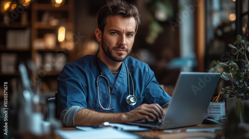 A young male doctor in scrubs is sitting at a table in a coffee shop, working on his laptop.