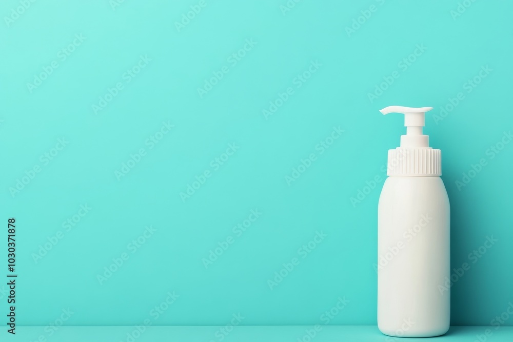 White lotion bottle with pump on a turquoise background. White lotion bottle with pump on a turquoise background.