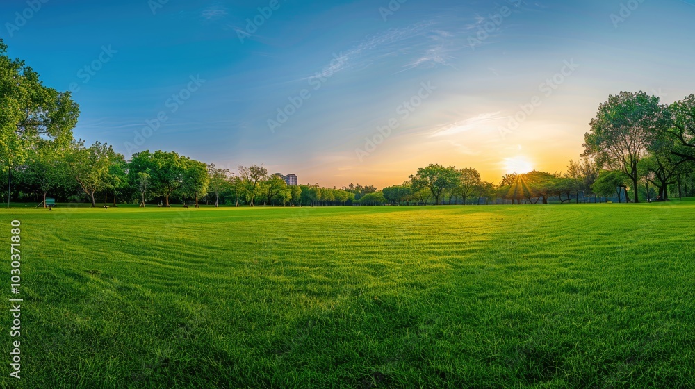 Beautiful green lawn in the park with trees and a blue sky, a summer landscape. A wide grass field in the background. People camp in nature at sunset. Beautiful green lawn in the park with trees and a blue sky, a summer landscape. A wide grass field in the background. People camp in nature at sunset.